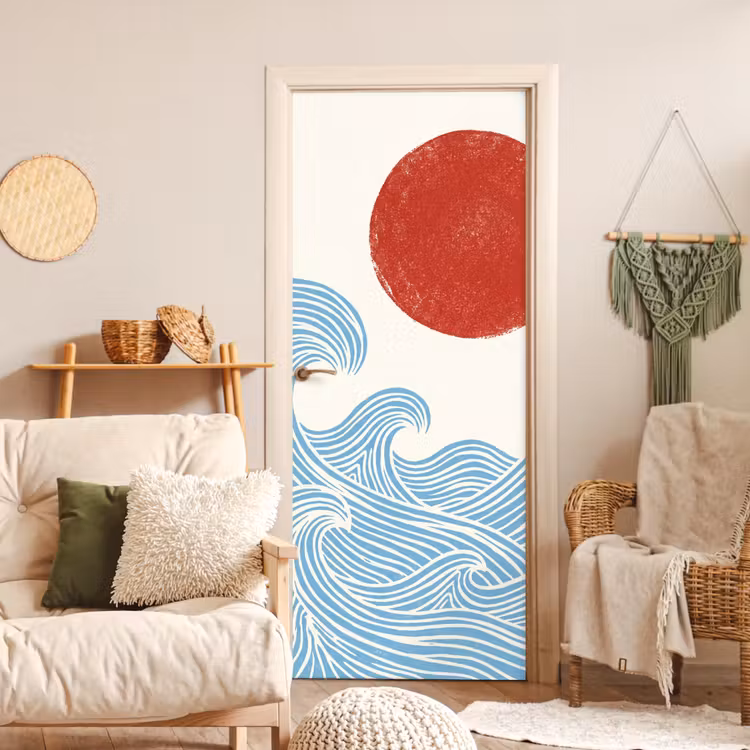 Zon - Golven - Oceaan - Abstract - Rood deurposter klein -sfeer2