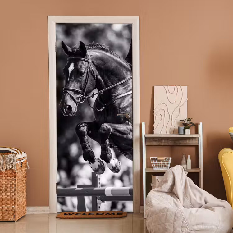 Springen - Paard - Zwart - Wit deurposter klein -sfeer1