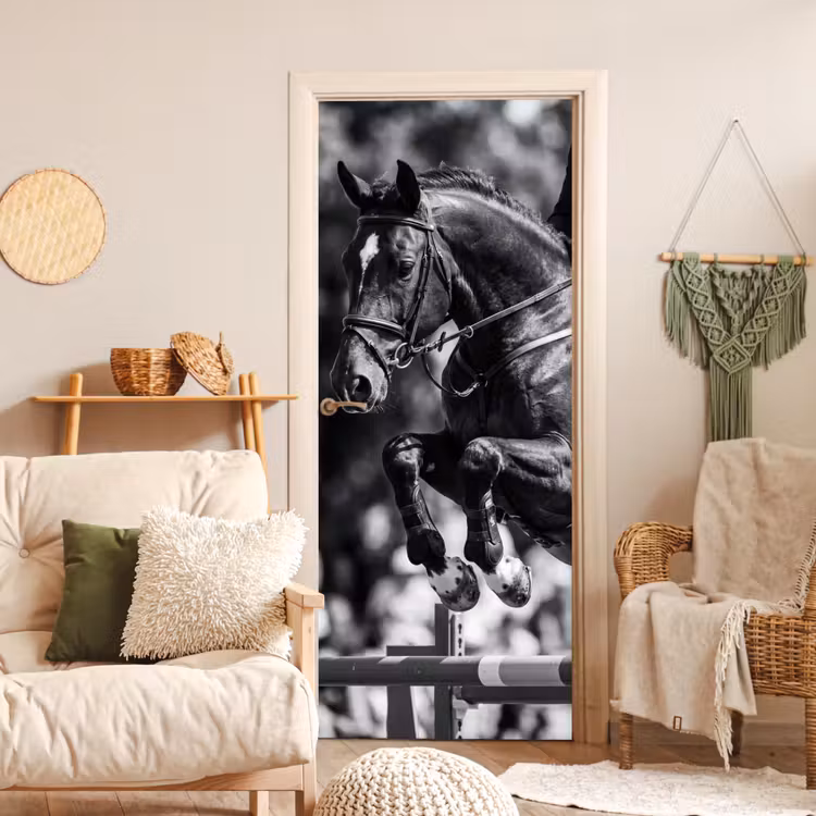 Springen - Paard - Zwart - Wit deurposter klein -sfeer2