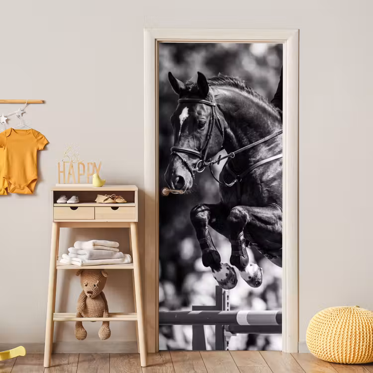 Springen - Paard - Zwart - Wit deurposter klein -sfeer4