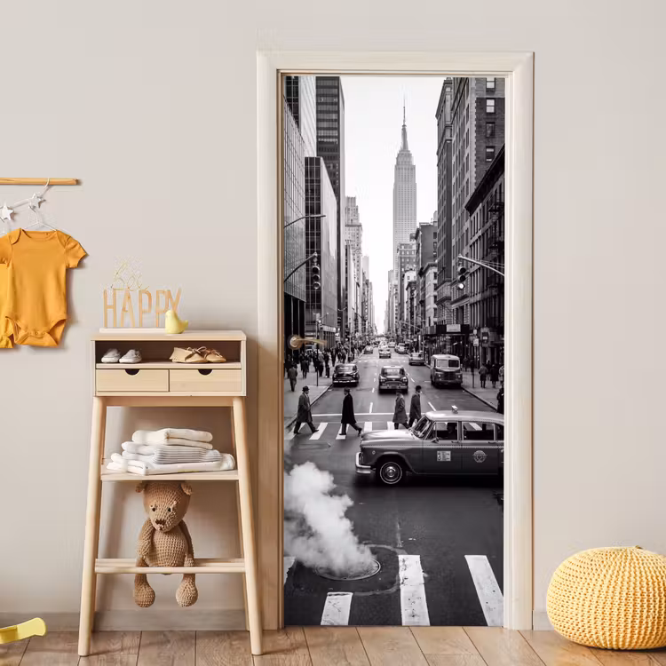 Stad - Straat - Gebouwen - Verkeer - Zwart-wit deurposter klein -sfeer4