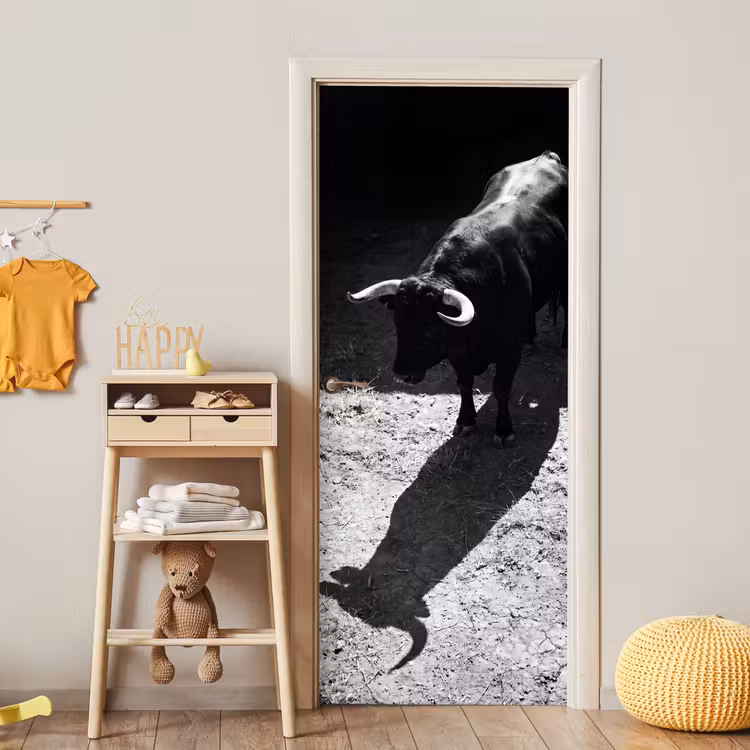 Stier - Schaduw - Dieren - Contrast - Zwart-wit deurposter klein -sfeer4