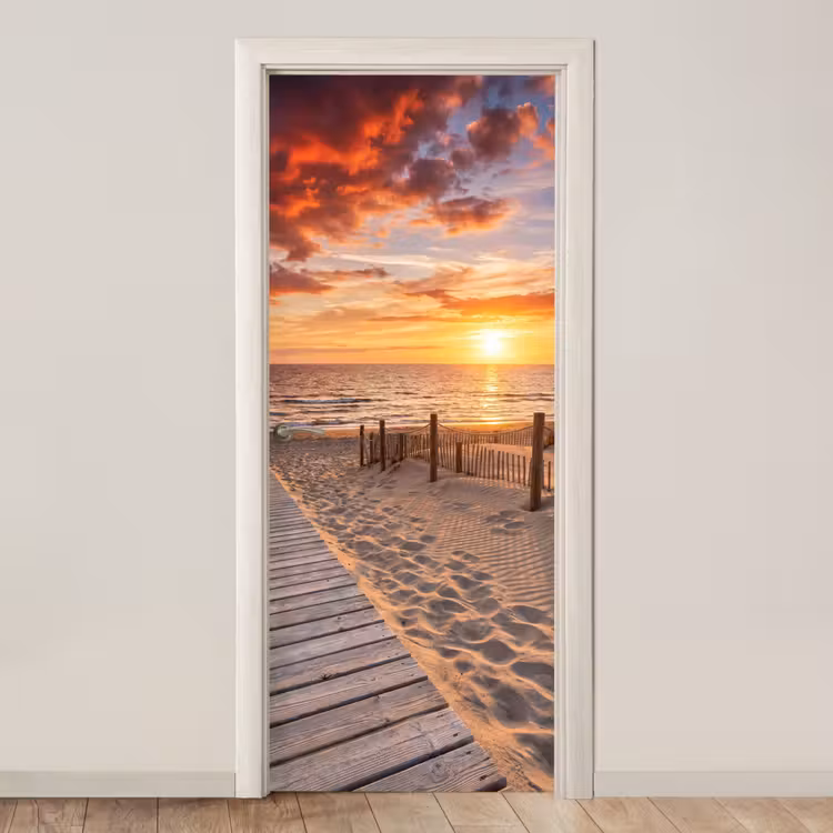 Strand - Zonsondergang - Zee - Natuur - Oranje deurposter klein -3d_beige