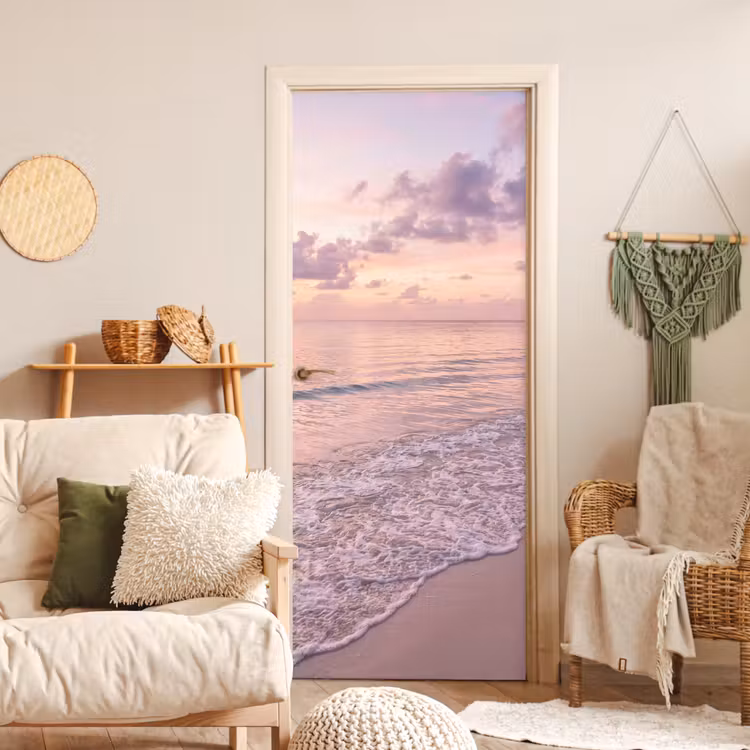 Strand - Zonsondergang - Natuur - Minimalistisch - Roze deurposter klein -sfeer2