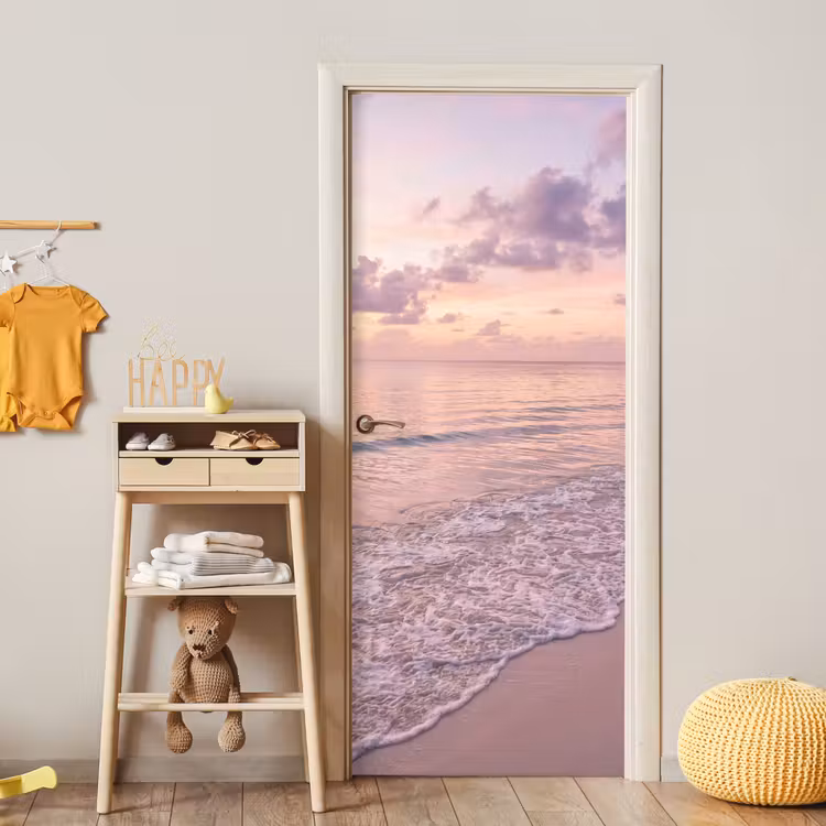 Strand - Zonsondergang - Natuur - Minimalistisch - Roze deurposter klein -sfeer4