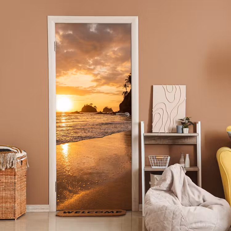 Strand - Zonsondergang - Natuur - Tropisch - Oranje deurposter klein -sfeer1