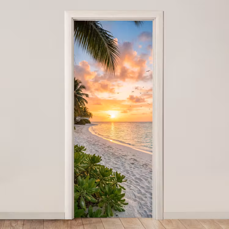 Strand - Zonsondergang - Palmbomen - Tropisch - Natuur deurposter klein -3d_beige