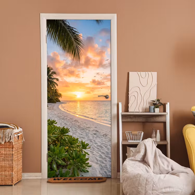 Strand - Zonsondergang - Palmbomen - Tropisch - Natuur deurposter klein -sfeer1
