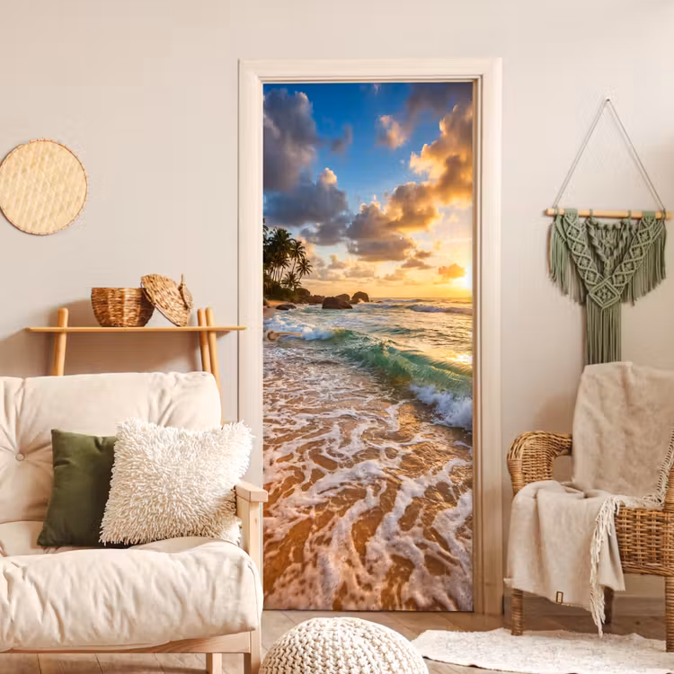 Strand - Zonsondergang - Golven - Natuur - Goud deurposter klein -sfeer2