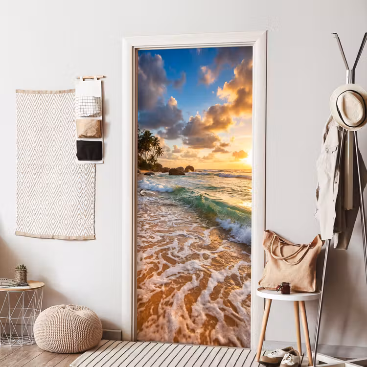 Strand - Zonsondergang - Golven - Natuur - Goud deurposter klein -sfeer6