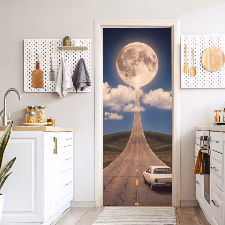 Türtapete - Straße – Mond – Nacht - Weg - Maan - Nacht deurposter klein