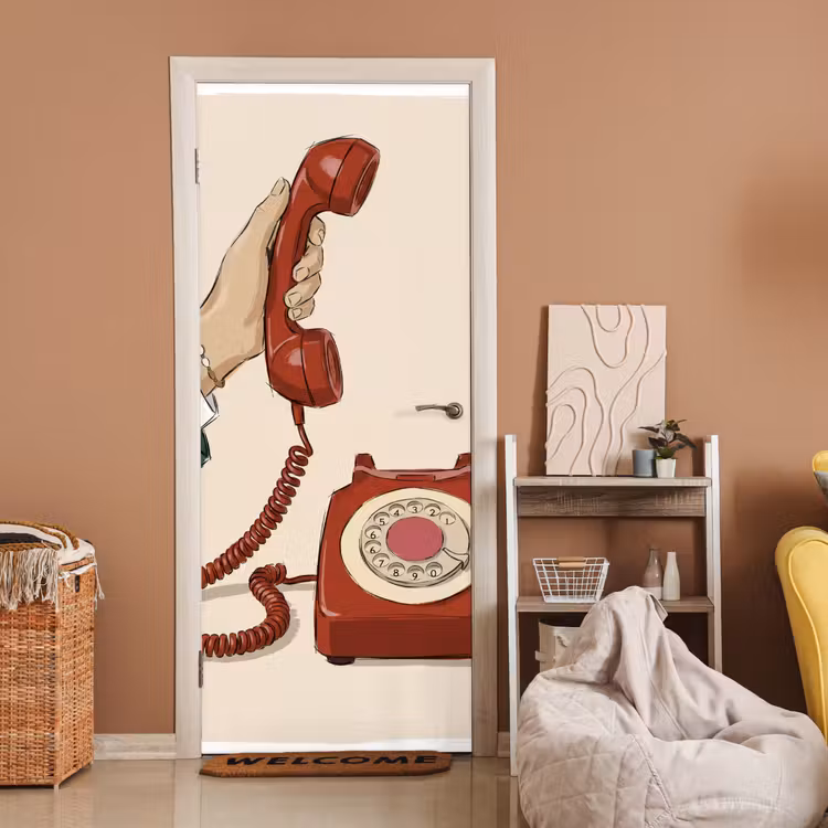 Telefoon - Hand - Vintage - Communicatie - Rood deurposter klein -sfeer1