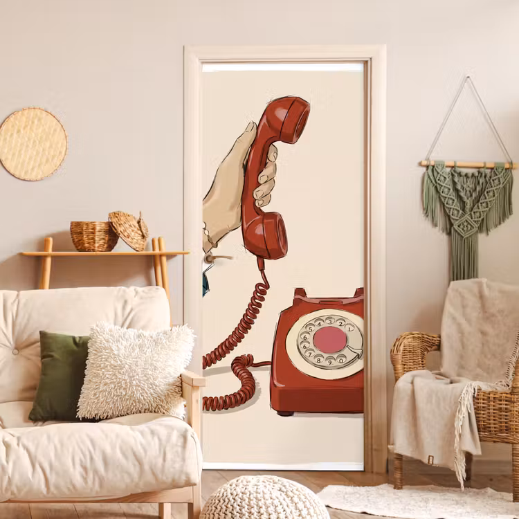 Telefoon - Hand - Vintage - Communicatie - Rood deurposter klein -sfeer2