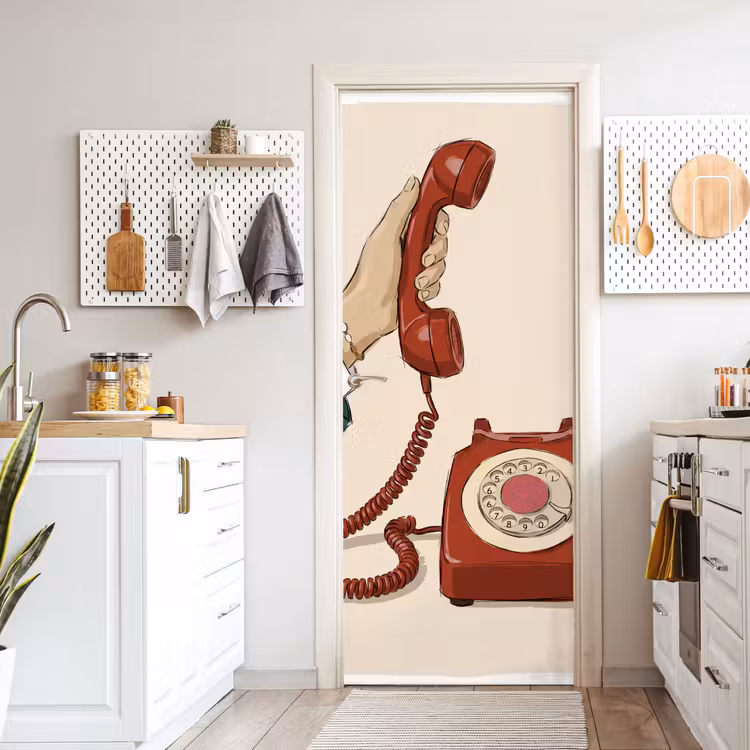 Telefoon - Hand - Vintage - Communicatie - Rood deurposter klein -sfeer5