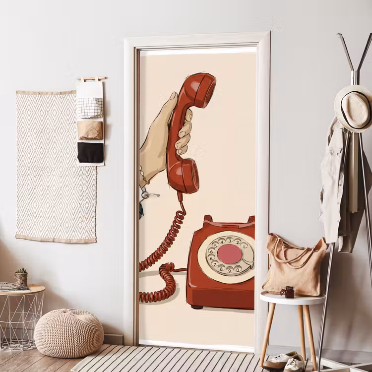 Telefoon - Hand - Vintage - Communicatie - Rood deurposter klein -sfeer6