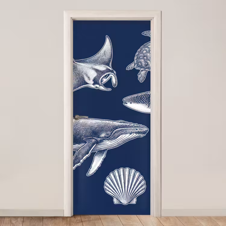 Dieren - Zeeleven - Oceaan - Graveren - Blauw deurposter klein -3d_beige