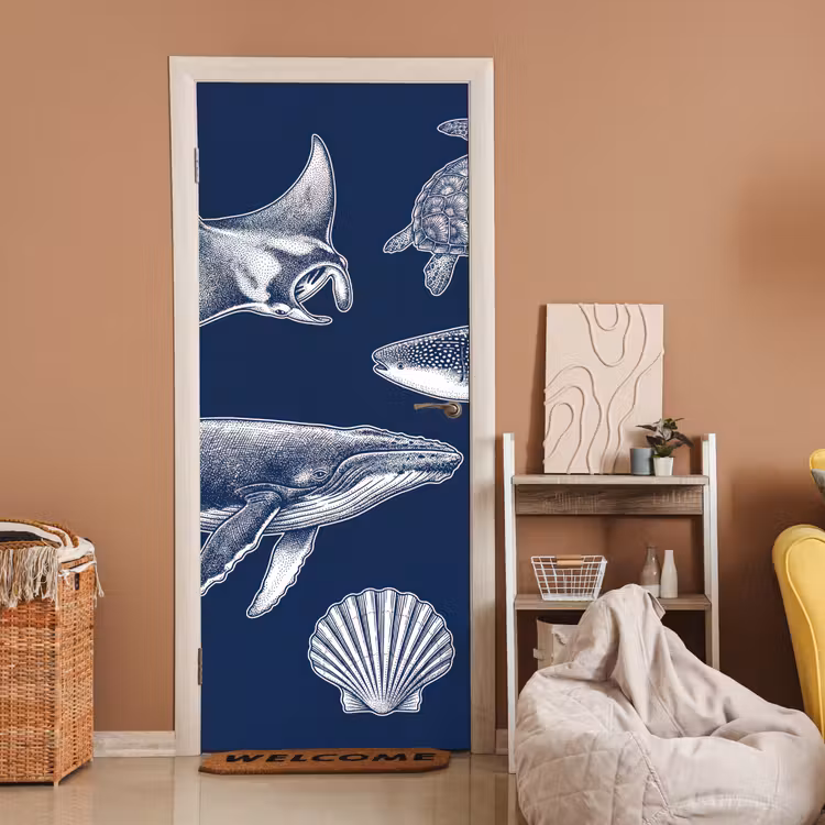 Dieren - Zeeleven - Oceaan - Graveren - Blauw deurposter klein -sfeer1