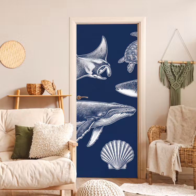 Dieren - Zeeleven - Oceaan - Graveren - Blauw deurposter klein -sfeer2