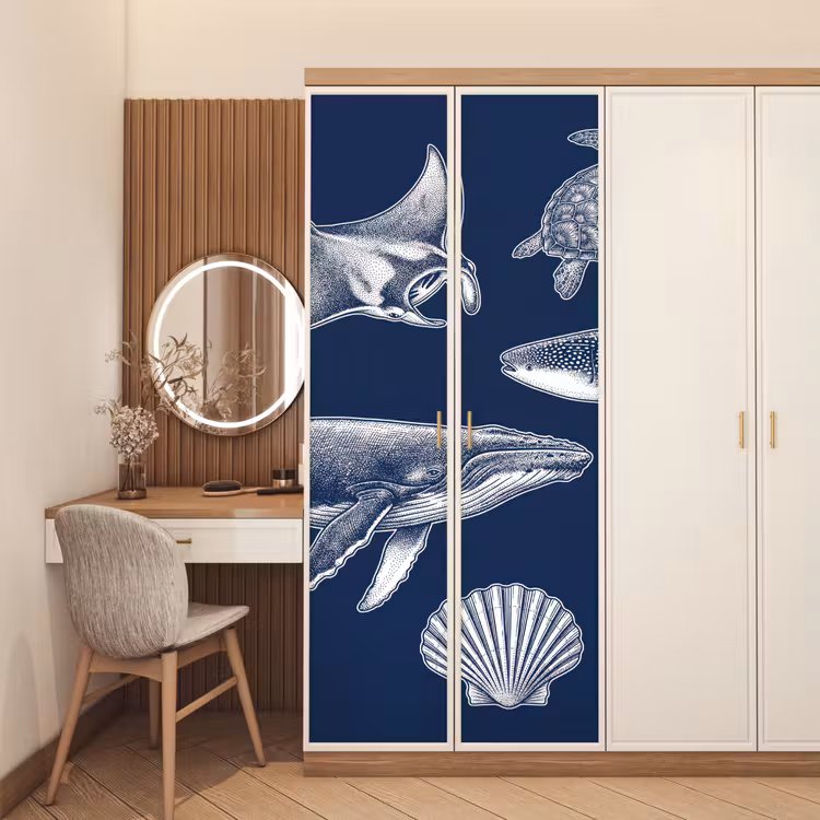 Dieren - Zeeleven - Oceaan - Graveren - Blauw deurposter klein -sfeer3