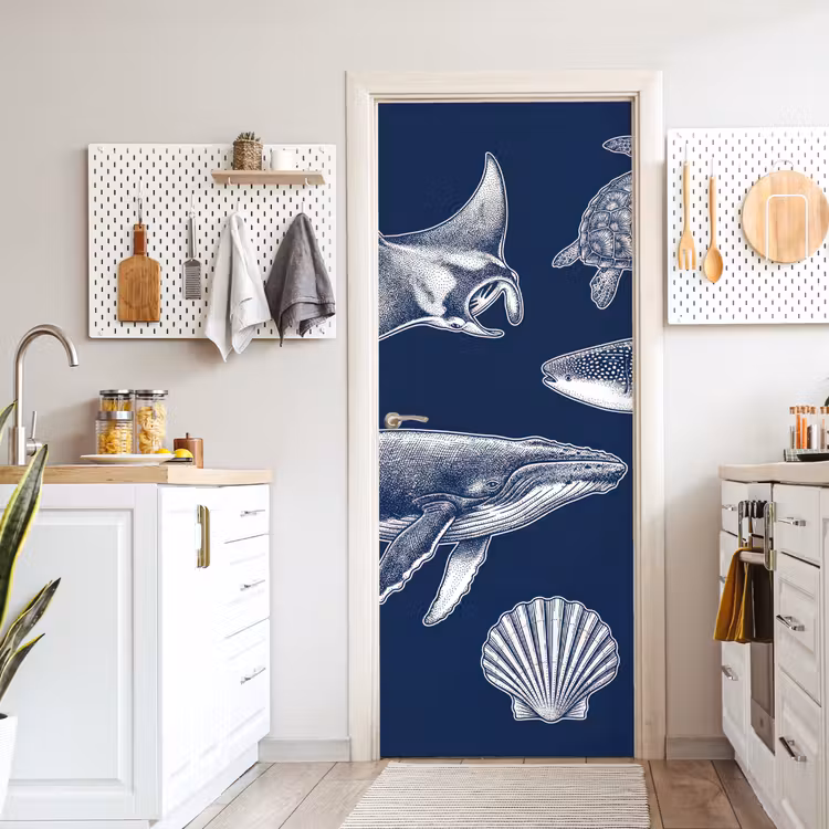 Dieren - Zeeleven - Oceaan - Graveren - Blauw deurposter klein -sfeer5