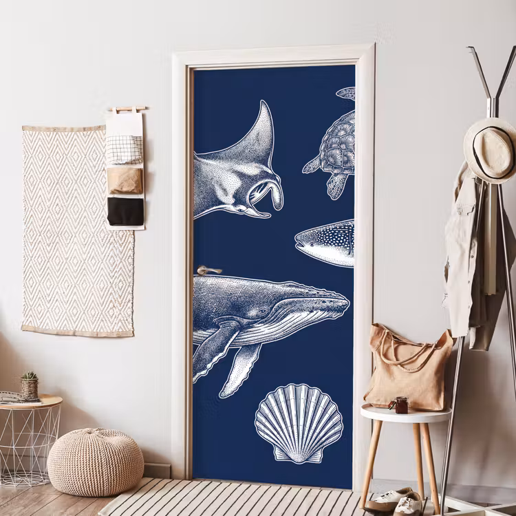 Dieren - Zeeleven - Oceaan - Graveren - Blauw deurposter klein -sfeer6