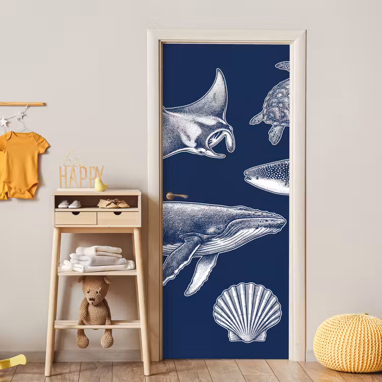 Dieren - Zeeleven - Oceaan - Graveren - Blauw deurposter klein -sfeer4