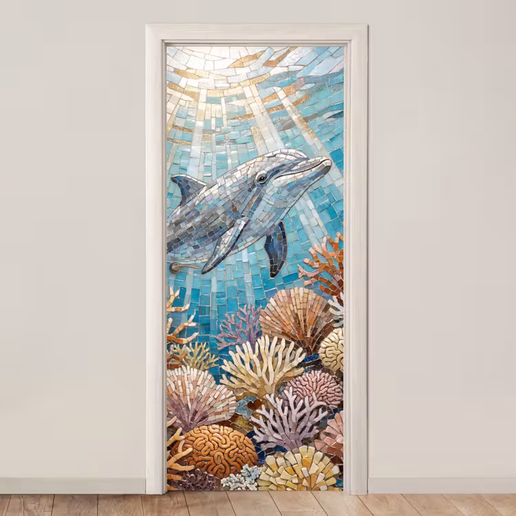 Dieren - Mozaïek - Oceaan - Koraal - Blauw deurposter klein -3d_beige