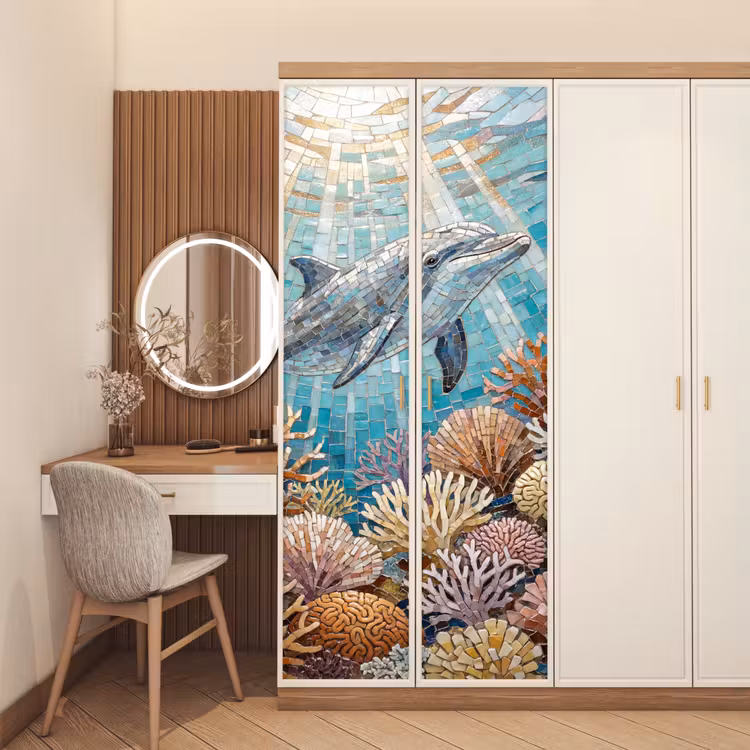 Dieren - Mozaïek - Oceaan - Koraal - Blauw deurposter klein -sfeer3