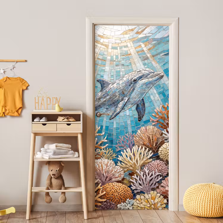 Dieren - Mozaïek - Oceaan - Koraal - Blauw deurposter klein -sfeer4