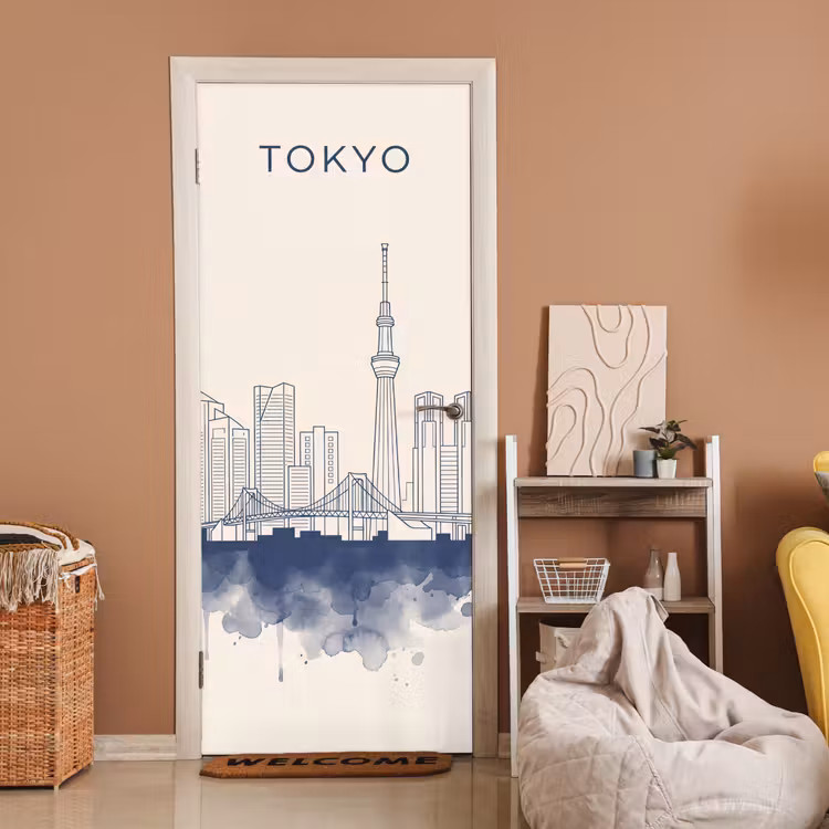 Tokyo - Skyline - Stad - Abstract - Blauw deurposter klein -sfeer1