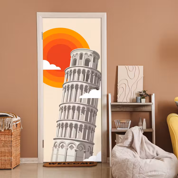 Toren - Pisa - Architectuur - Minimalistisch - Beige deurposter klein -sfeer1