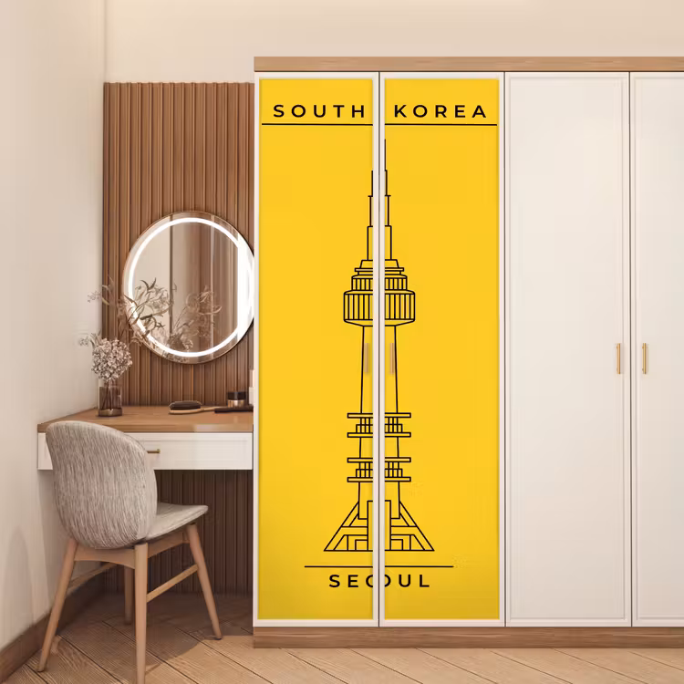 Toren - Seoul - Architectuur - Minimalistisch - Geel deurposter klein -sfeer3