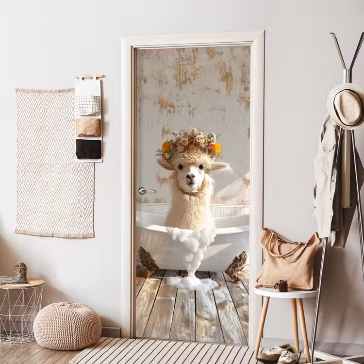 Vintage - Alpaca - Badkuip - Bloemen - Dieren deurposter klein -sfeer6