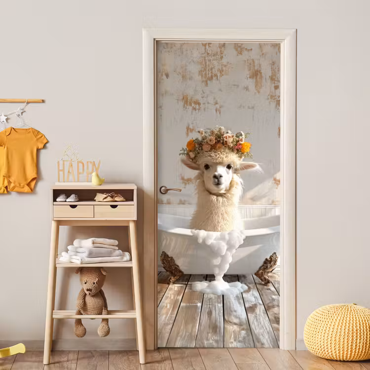 Vintage - Alpaca - Badkuip - Bloemen - Dieren deurposter klein -sfeer4