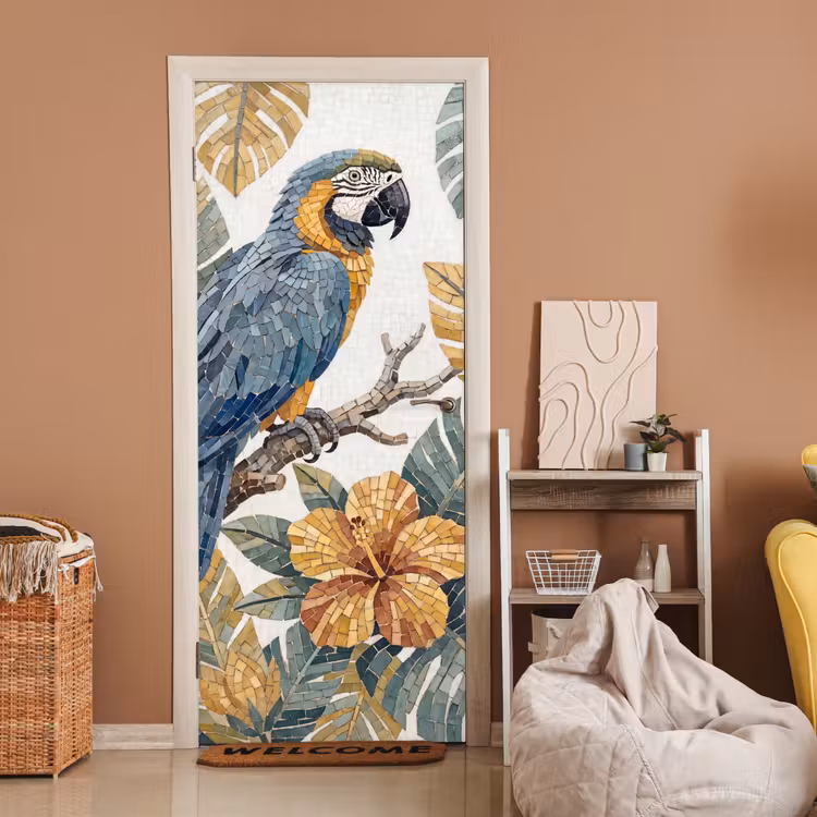 Vogel - Tak - Natuur - Mozaïek - Blauw deurposter klein -sfeer1