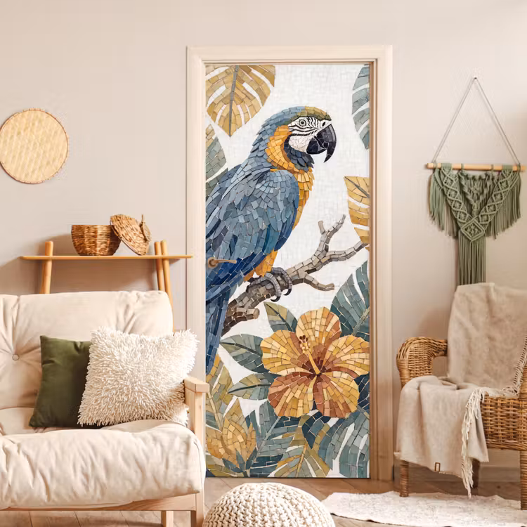 Vogel - Tak - Natuur - Mozaïek - Blauw deurposter klein -sfeer2