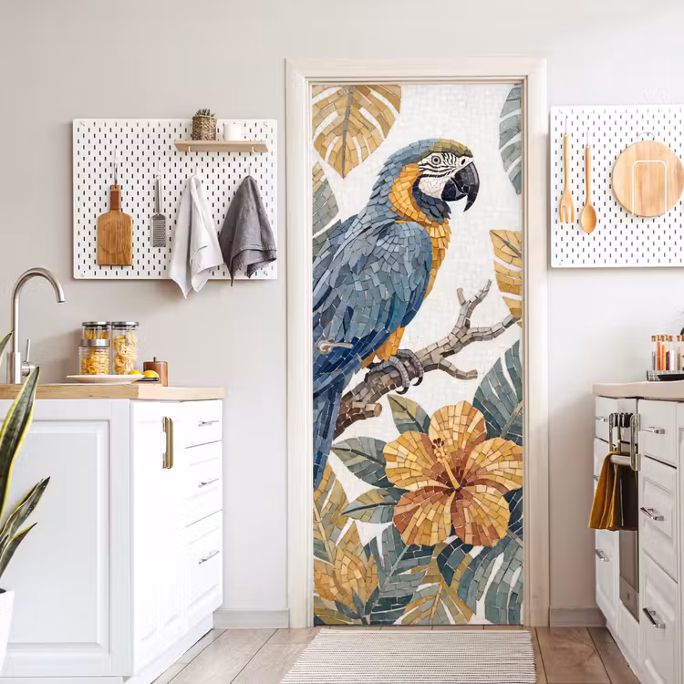 Vogel - Tak - Natuur - Mozaïek - Blauw deurposter klein -sfeer5