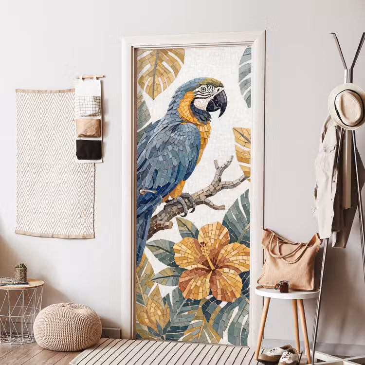 Vogel - Tak - Natuur - Mozaïek - Blauw deurposter klein -sfeer6
