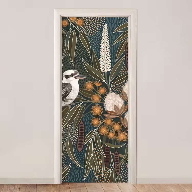 Vogel - Bladeren - Natuur - Illustratie - Groen deurposter klein -3d_beige