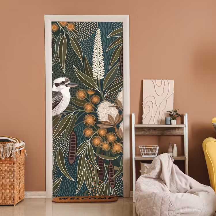 Vogel - Bladeren - Natuur - Illustratie - Groen deurposter klein -sfeer1