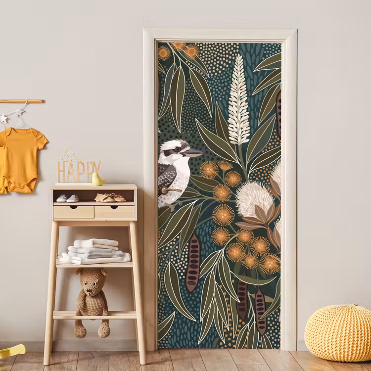 Vogel - Bladeren - Natuur - Illustratie - Groen deurposter klein -sfeer4