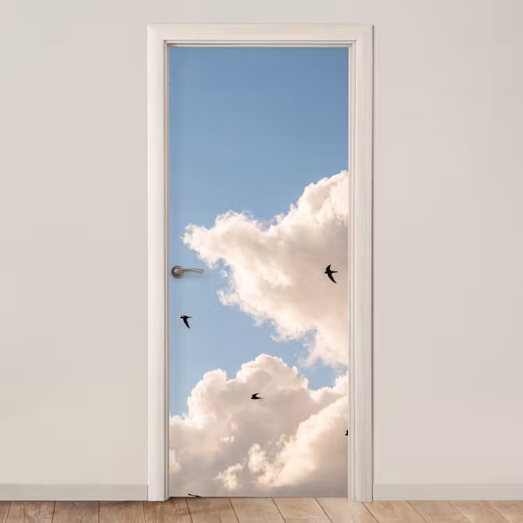 Vogel - Vlucht - Wolken - Natuur - Blauw deurposter klein -3d_beige