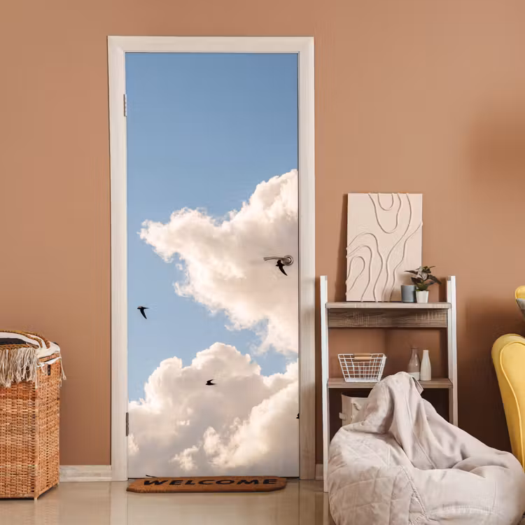 Vogel - Vlucht - Wolken - Natuur - Blauw deurposter klein -sfeer1