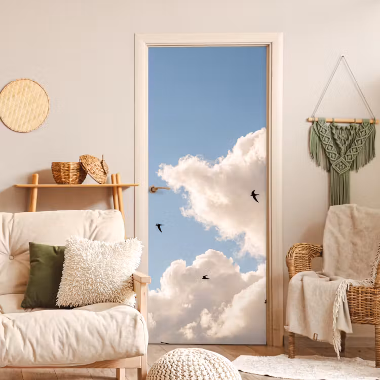 Vogel - Vlucht - Wolken - Natuur - Blauw deurposter klein -sfeer2