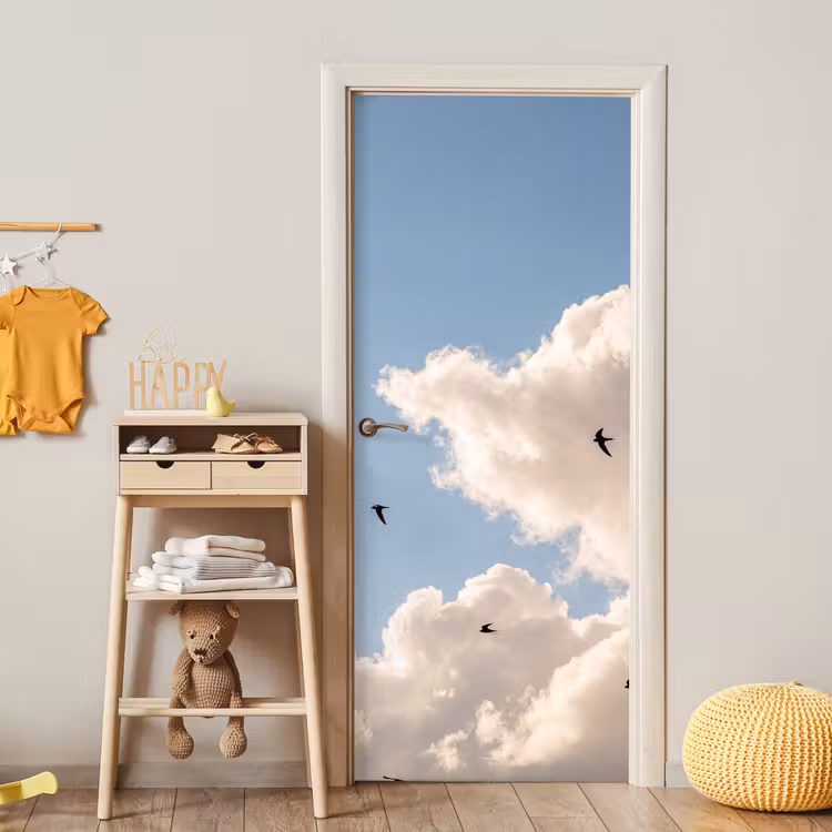 Vogel - Vlucht - Wolken - Natuur - Blauw deurposter klein -sfeer4