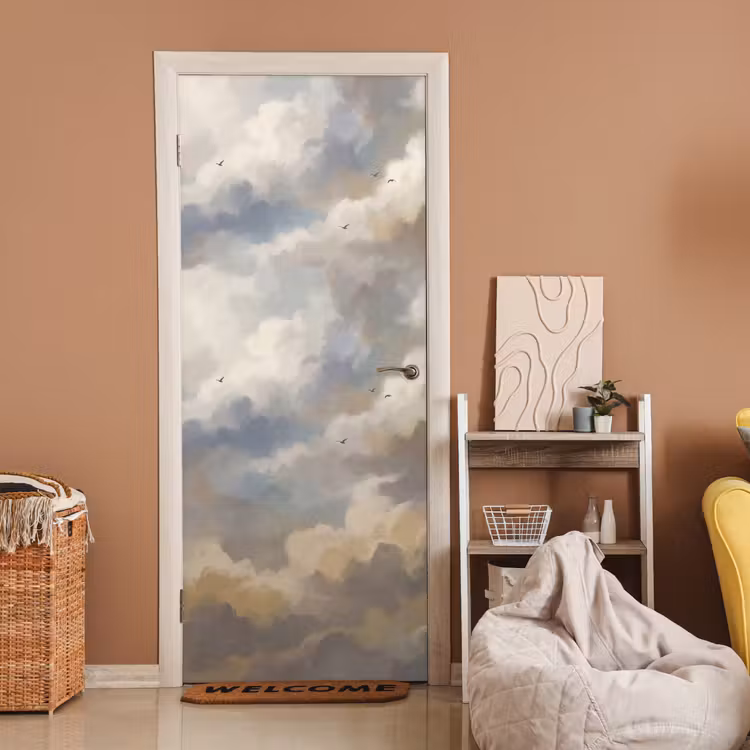 Vogel - Wolken - Natuur - Modern - Grijs deurposter klein -sfeer1