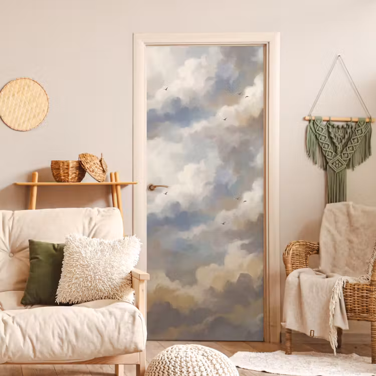 Vogel - Wolken - Natuur - Modern - Grijs deurposter klein -sfeer2
