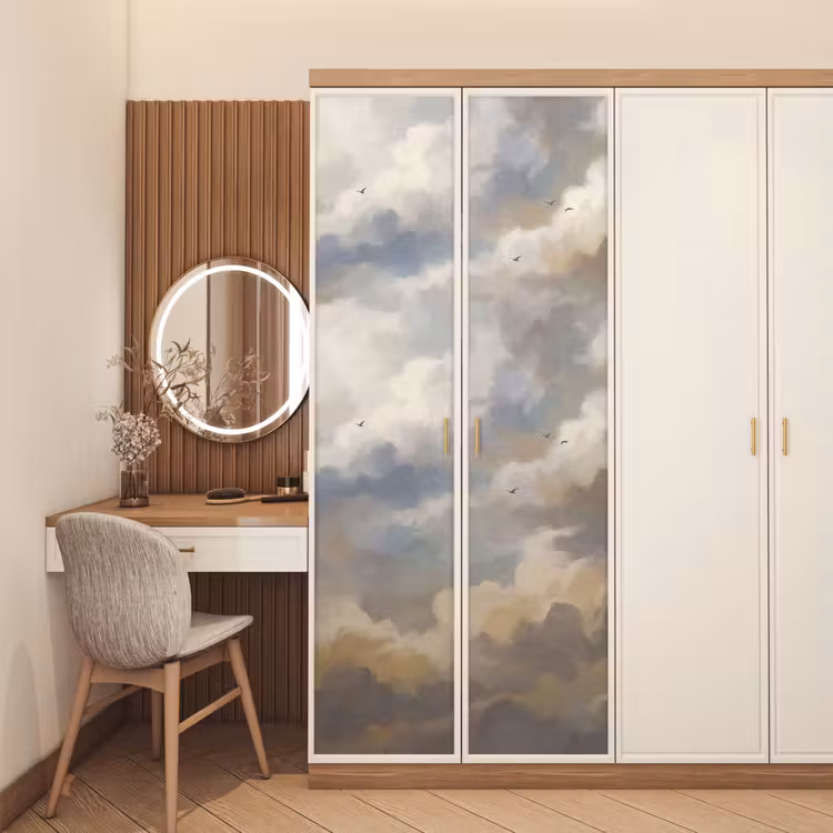 Vogel - Wolken - Natuur - Modern - Grijs deurposter klein -sfeer3