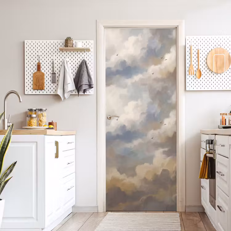 Vogel - Wolken - Natuur - Modern - Grijs deurposter klein -sfeer5