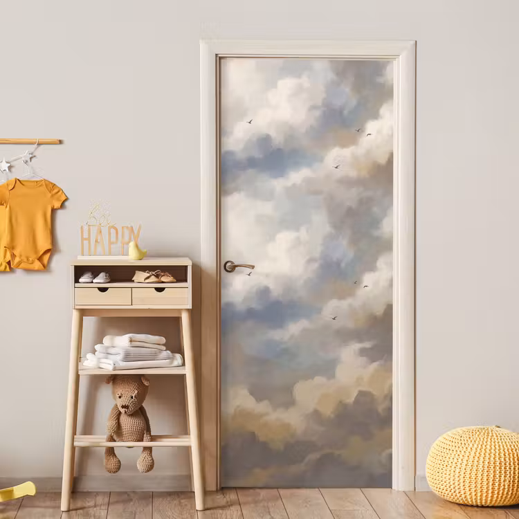 Vogel - Wolken - Natuur - Modern - Grijs deurposter klein -sfeer4
